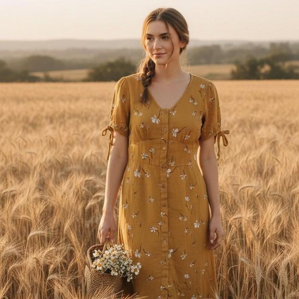 Mustard-yellow floral dress,XS puff sleeves., floral prairie boho chic